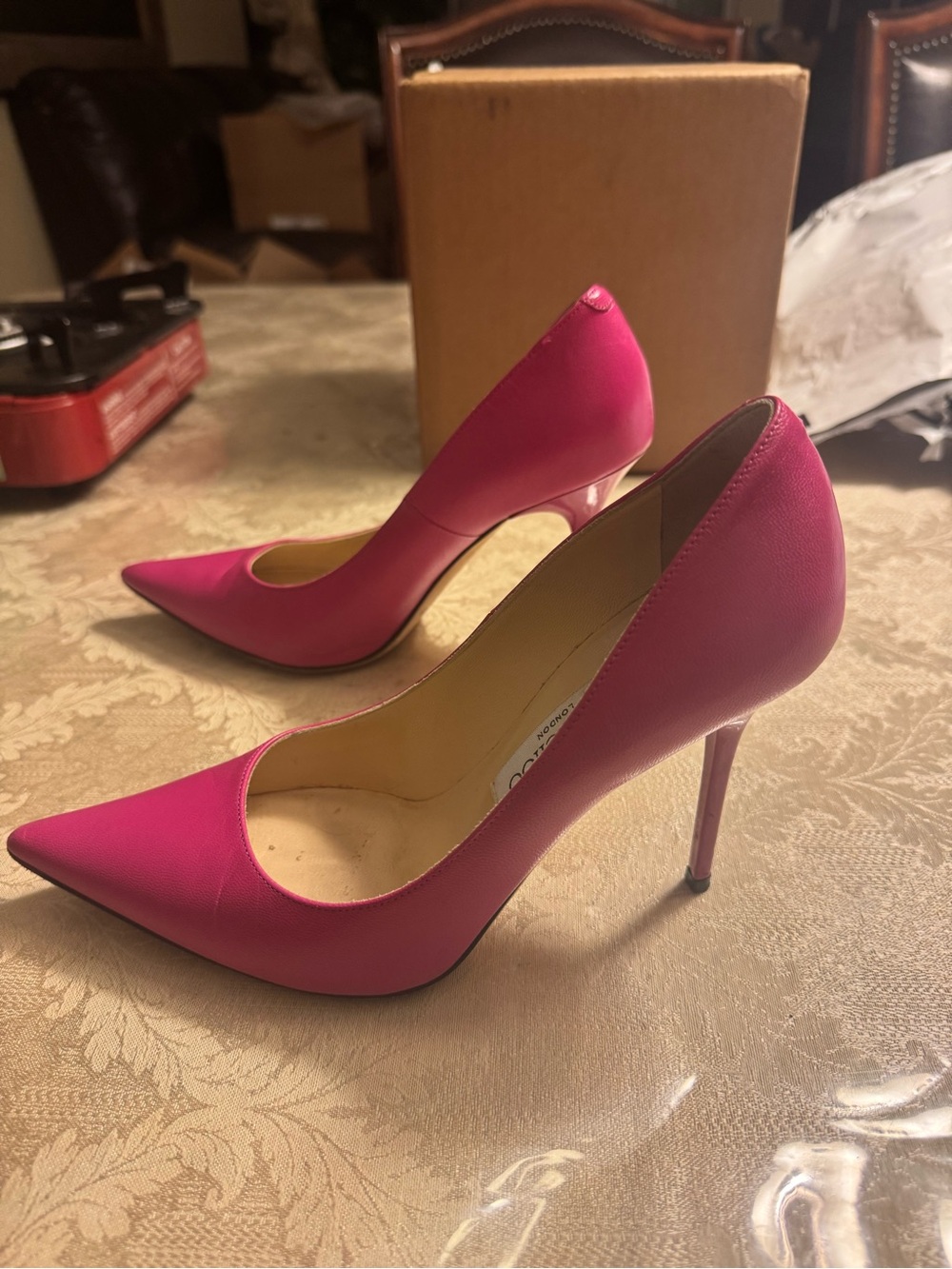 Breathtaking auth Jimmy Choo Hot Pink Leather Pointed Toe Pumps Heels 37.5 + COA - Picture 4 of 9